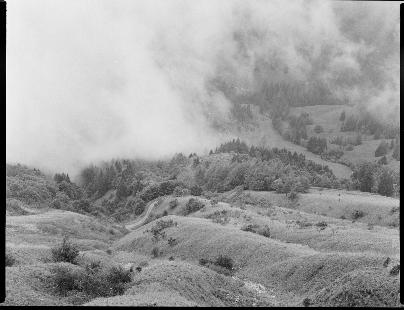 Photographie en moyen format argentique en noir et blanc de la vallée non loin de dent de Jaman en Suisse. Le brouillard rempli la moitié haute de l'image